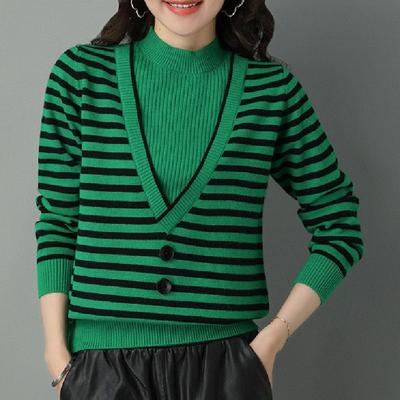 Early Autumn Women's Knitted Sweater New Semi-turtleneck Contrasting Stripes Fake Two-piece Sweater Women's Bottoming Shirt