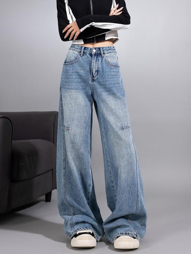 Women's Light Blue High-Waist Wide-Leg Retro Jeans