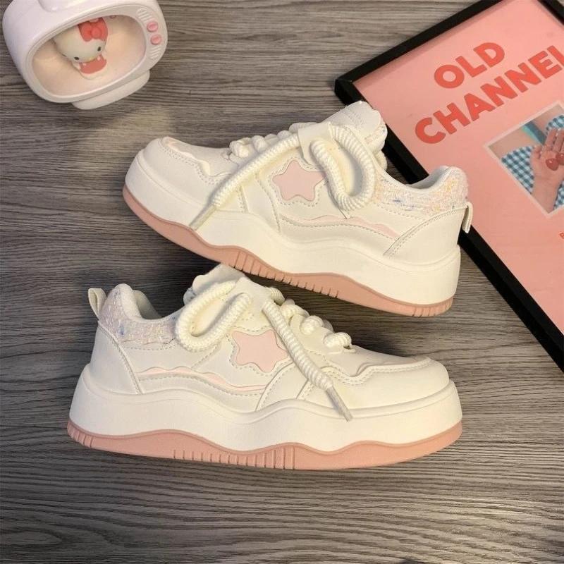 Women Platform Sneakers Star Design Lace Up Skateboard Flat Outdoor Comfortable Running Sport Shoe Tennis Walking Sneakers