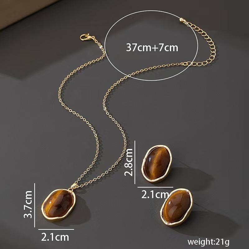 Gold Plated Wavy Bezel Oval Tiger Eye Matching Necklace & Stud Earrings Jewelry Set