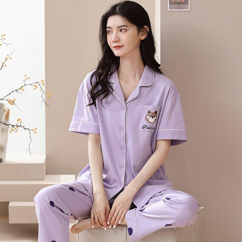 New pajamas women's summer short-sleeved trousers 100% pure cotton thin women's casual lapel mother loungewear set summer