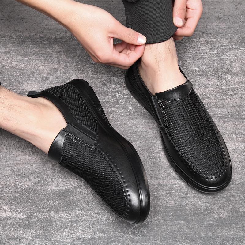 Summer New Breathable and Versatile Black Trend Leather Sports Soft-soled Shoes Mesh Men's Leather Shoes Casual Running Shoes