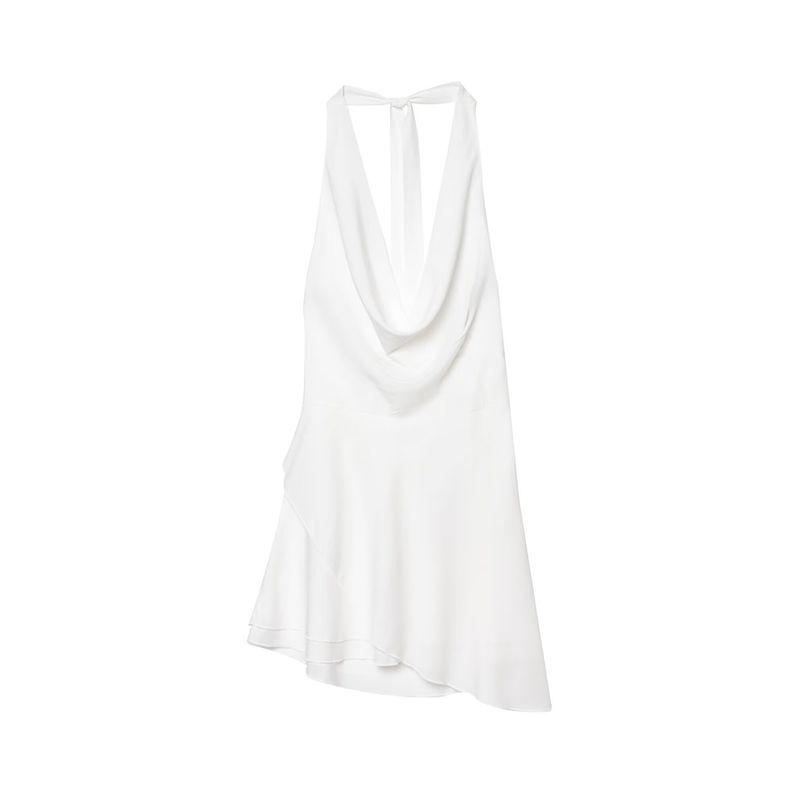 

Kaslead New Women clothes Western Style Fashion Pile Collar Sexy Backless Hanging Neck Dress White L