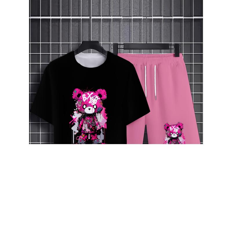 Summer 2026 new 3D bear graphic print fashionable, simple, casual and breathable men's set