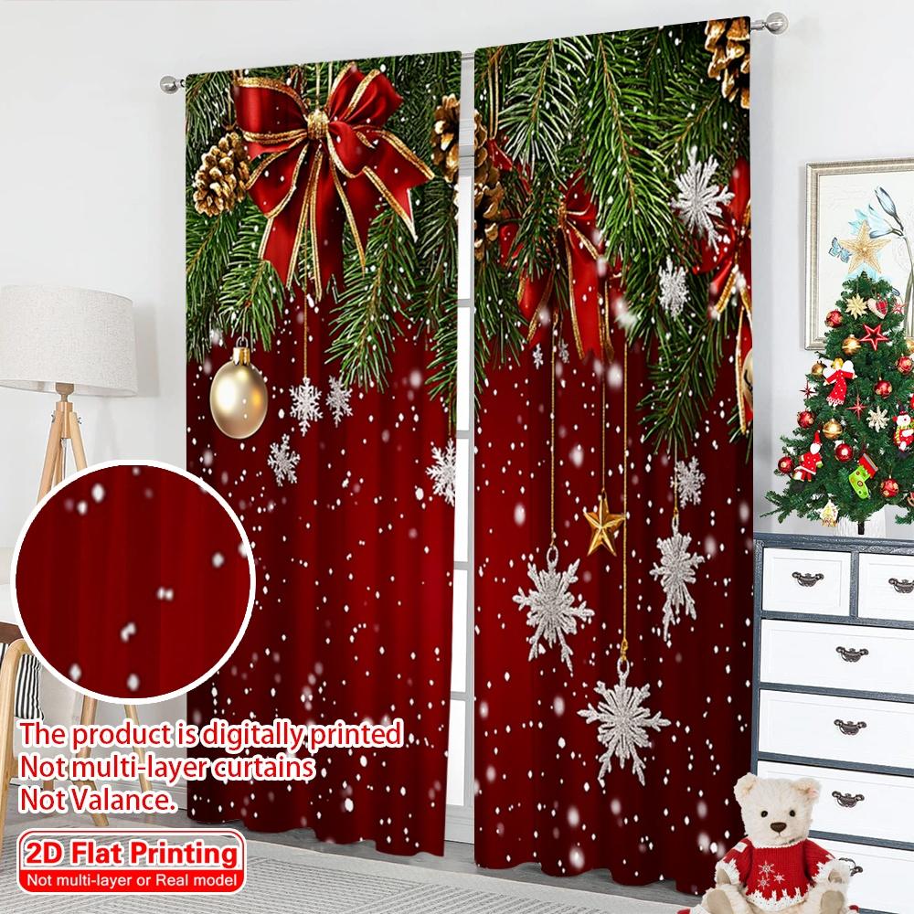 2D Flat Printing 2Pcs Christmas Curtains Classical Pine Tree Snowflakes Red Green Xmas Room Suitable For Living Room Bedroom