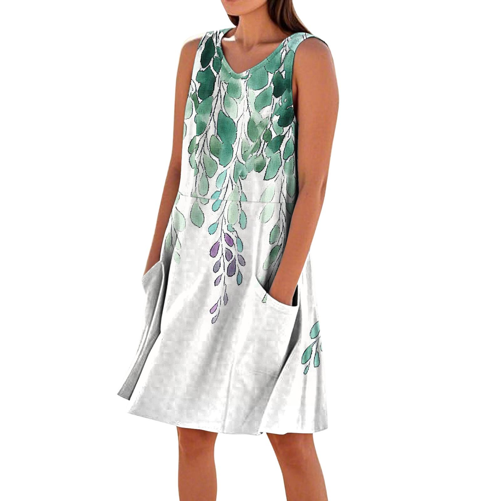 Sleeveless V Neck Dress with Floral and Butterfly Print Casual A Line Midi Dress with Pockets for Women Summer Wear M