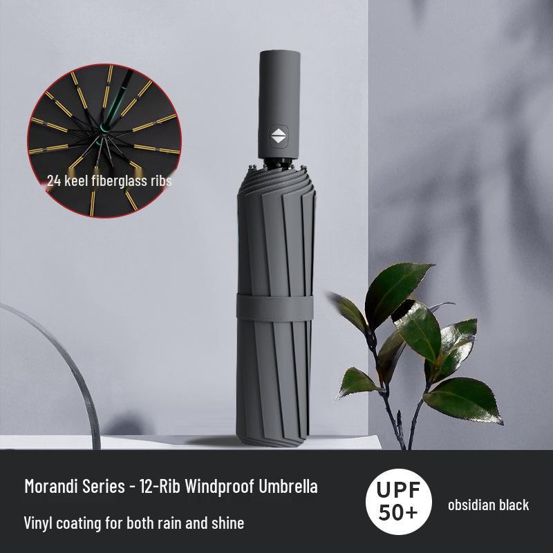 UV Protection Automatic Three-Fold Black Umbrella with Custom Logo for Men and Women