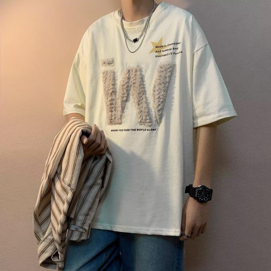 

2026 Trendy Men s Oversized Plush Embroidery Cotton Short Sleeve T-shirt for Couples L