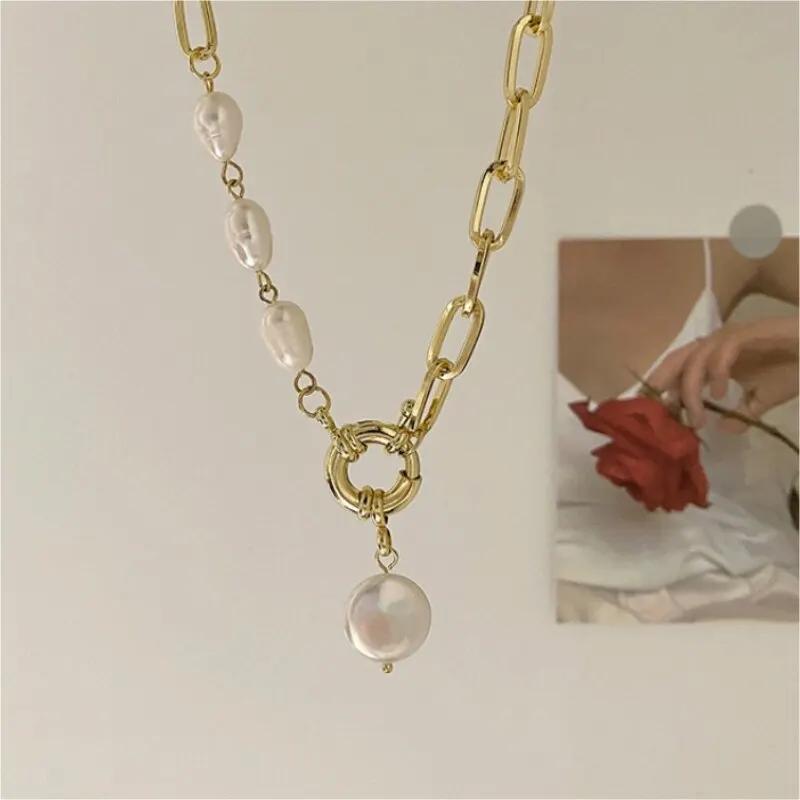 1pcs Gold-color Necklace Hip Hop Style Faux Imitation-pearl Pendant Handmade Curved Needle Sewable Fashion Jewelry
