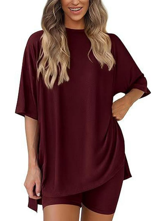 2026 Women's Casual Round Neck Slit Loose Short Sleeve Home Wear Set