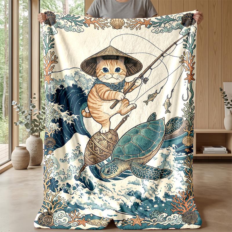 Cat Fishing Adventure blanket Personalized Name Flannel Blanket Soft Cozy Plush Throw for Sofa Bed Lightweight Home Decor