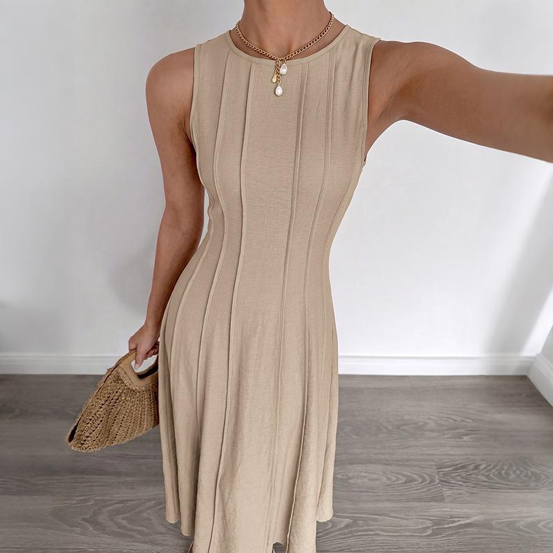 Women Sleeveless Round Neck Seam Detail Waist Cinch Maxi Dress Casual Summer Work Dress