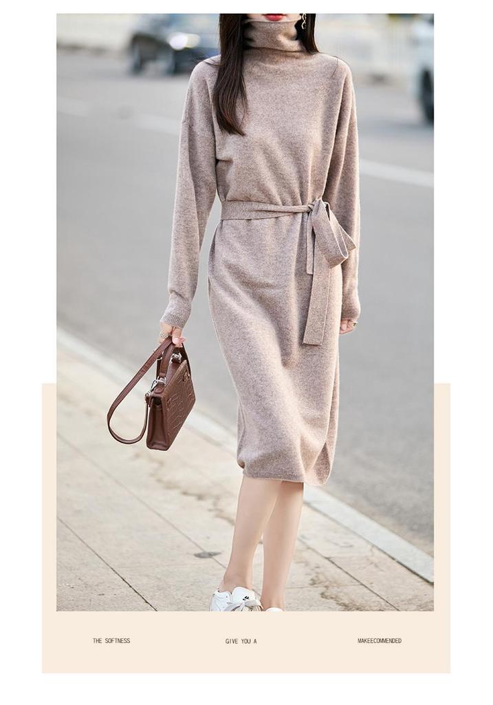 Elegant Stacked Collar Wool Sweater Dress for Women, Knee-Length, Slimming Fit, Solid Color, Perfect Base Layer Sweater.