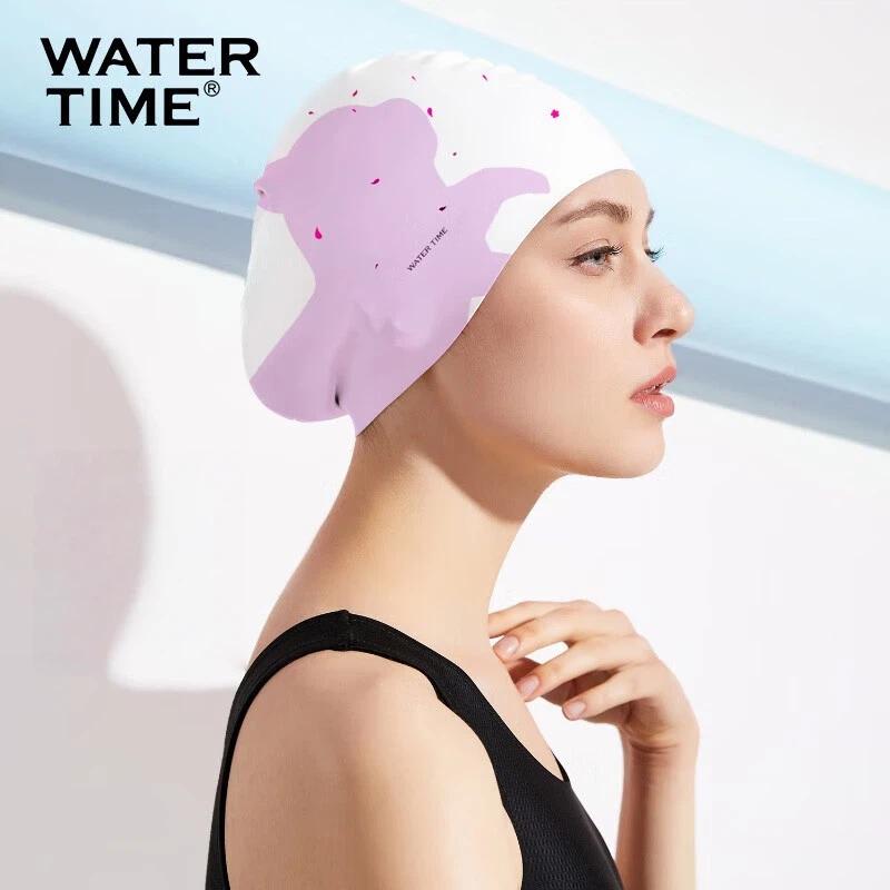 WATERTIME Silicone Swimming Cap, Waterproof, for Long Hair, Large Size, Ear Protection, Cat Pattern