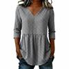 Women Loose Fit Casual Cotton Linen V Neck Plaid Three Quarter Sleeve Top Blouse Tunic Shirt for Everyday Wear