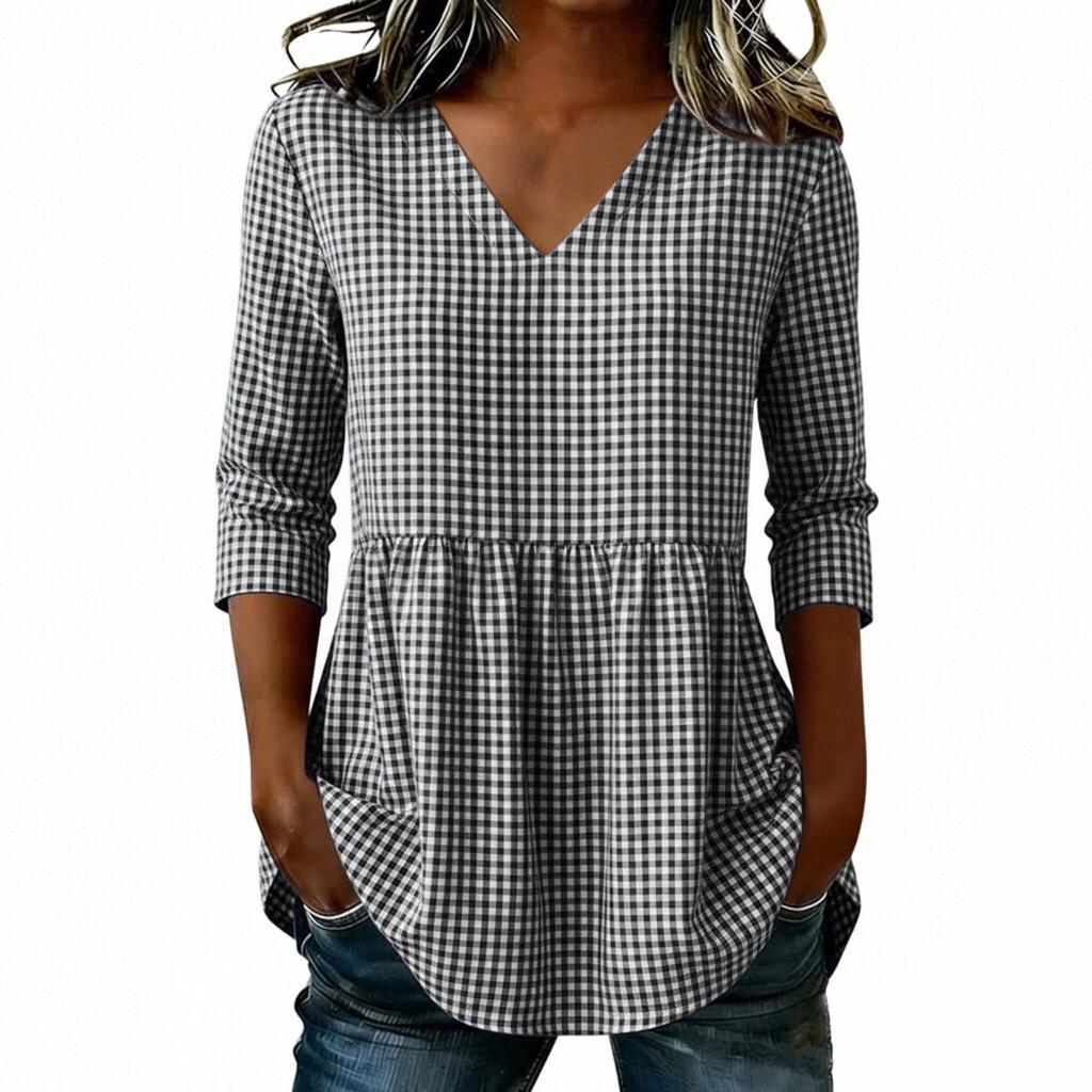Women Loose Fit Casual Cotton Linen V Neck Plaid Three Quarter Sleeve Top Blouse Tunic Shirt for Everyday Wear