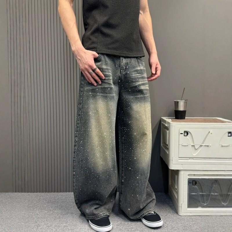 Unisex Wide Leg Straight Cut Distressed Washed Denim Jeans With Rhinestone Stars Whiskering Detail