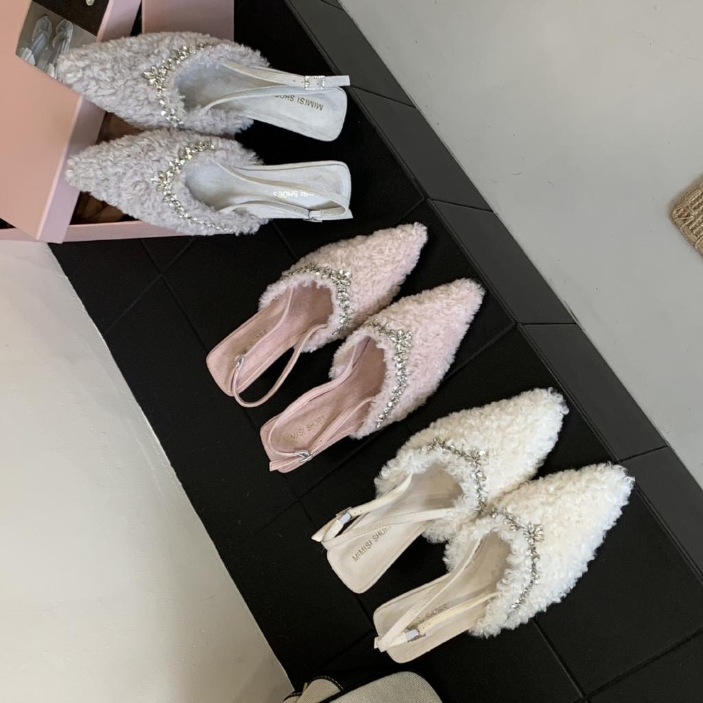 Hand-made Rhinestones, Back Straps, I-heel, Medium Heel, Lamb Wool, Pointed Head, Bag Head, Fluffy Shoes, Special-shaped Heel, Women's Shoes, Autumn