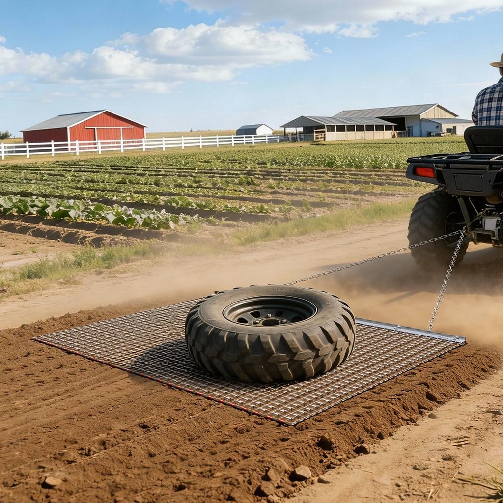 Drag Harrow, 1.8x0.9 M, High-Efficiency Chain Harrow Rake, ATVs UTVs Tractors Attachments, Durable Galvanized Steel Mesh Drag Mat with Towing Chain,