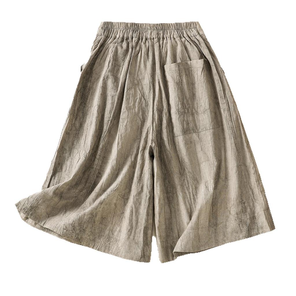 2025 Summer New High-waisted Thin Cotton and Linen Shorts Women's Thin Retro Versatile Loose Tie-dye Wide-leg Five-point Pants