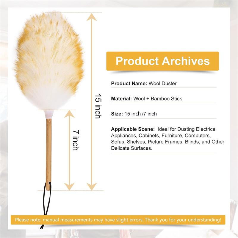 Lambswool Dusters For Cleaning With Solid Wooden Handle, Leather Hanging Strap, 15 Inch Natural Wool Duster