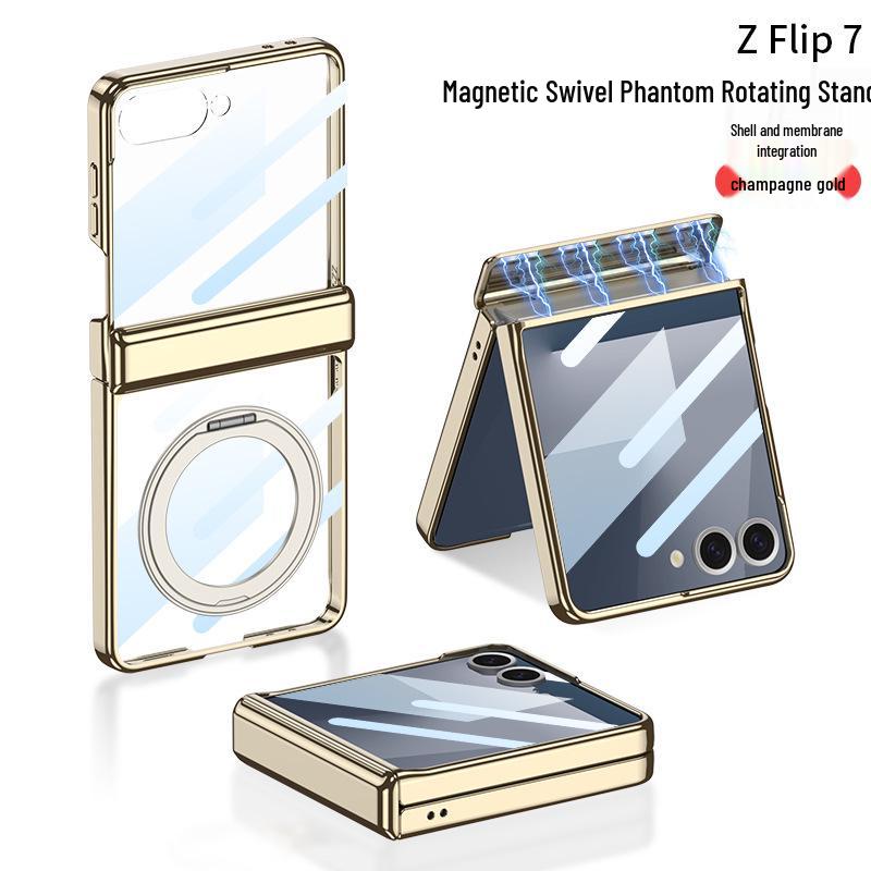 Samsung Z Flip7 Case: 360° Rotating Stand with Wireless Charging, Flip6 Compatible, Transparent Protective Hinge Cover