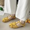 Shoes for Women 2025 Fashion Summer Buckle Strap Weave Hollow Out Women's Sandals Round Toe Flat Bottom Dress Sandals Women