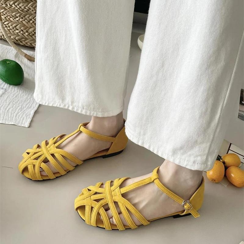 Shoes for Women 2025 Fashion Summer Buckle Strap Weave Hollow Out Women's Sandals Round Toe Flat Bottom Dress Sandals Women