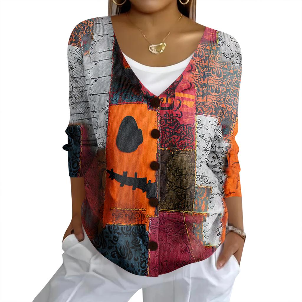 Women's Fashion Casual Knit Sweater Button-Up Halloween Printed  Cardigan Jacket