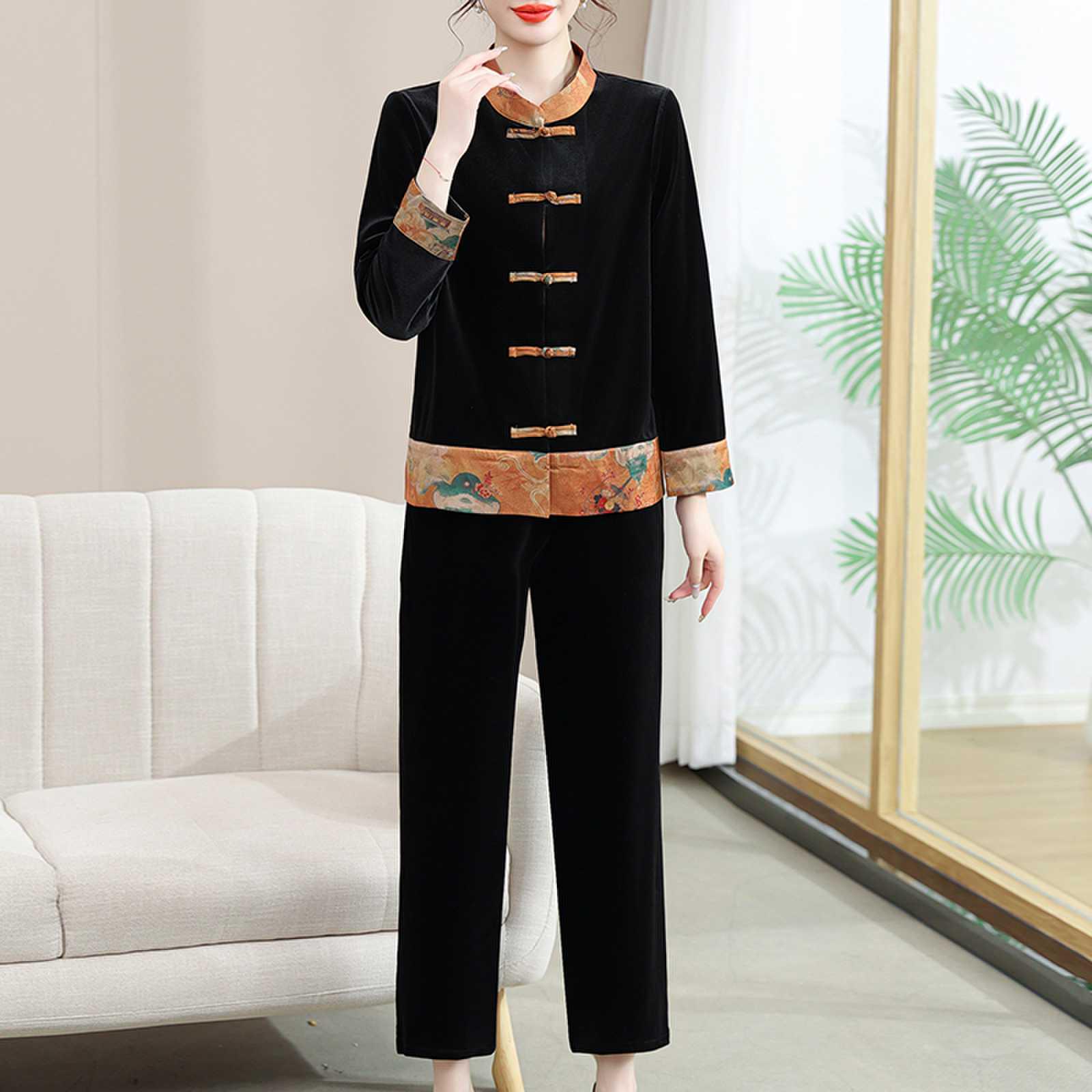 

Стильный весенний наряд из золотого бархата: Современный комплект-двойка в китайском стиле для женщин среднего возраста 5XL for 145-155 jin золотой