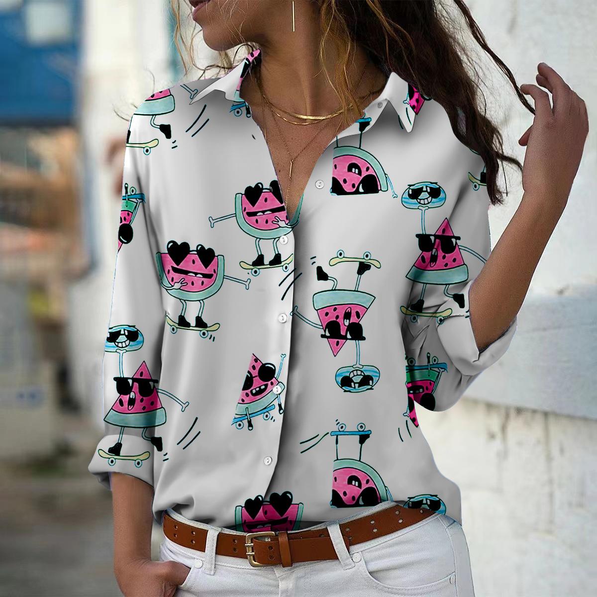 

Жіноча блуза з кавуновим принтом Весна Осінь Femme Офісні жіночі сорочки з відкладним коміром на ґудзиках 4XL білий