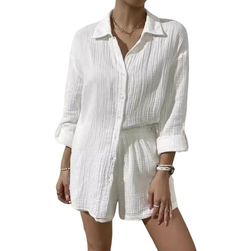 2 Teile/satz Frauen Hemd Shorts Set Einfarbig Lange Ärmel Revers Kragen Einreiher Bluse Hohe Taille Lose Über Knie Länge