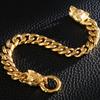 Massive Gold Plated Stainless Steel Double Wolf Head Hand Bracelet for Men Curb Cuban Chain Jewelry Party Gifts Homme Bracelets