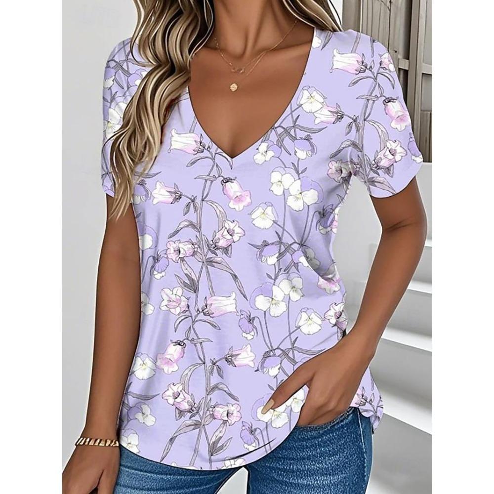 

Women s summer T-shirt plant flower print retro fashion casual short sleeve S