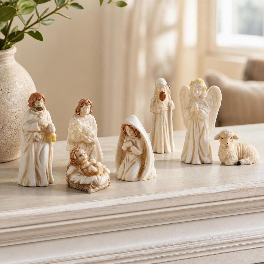7Pcs Miniature Nativity Scene Figurine Set Resin Craft Vintage Jesus Virgin Mary Figurine Small Figurine Collectible