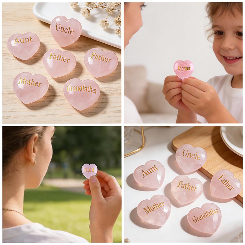 30mm Natural Crystal Rose Quartz Heart Shape Engraved Mother Healing Crystals Palm Stones Ornament Home Decor Family Member Gift