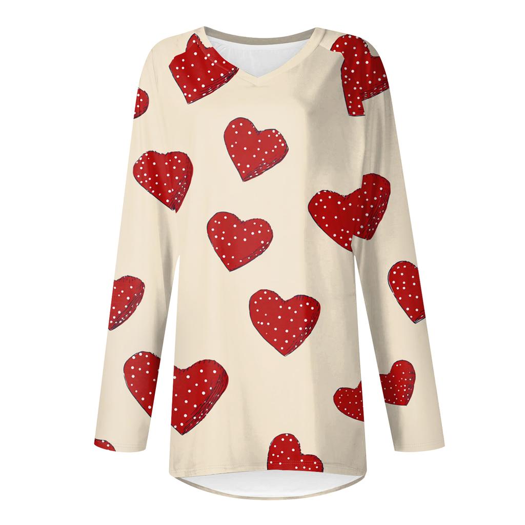 Women's Fashionable Casual Long,Sleeved Valentine's Day Print V,Neck Mid,Length Top