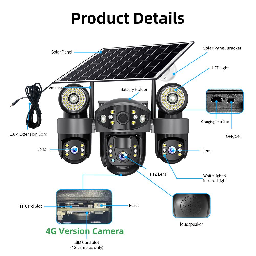 4G/WIFI Solar-powered Security Camera, Triple Lens, Triple Screen, Full-color Night Vision, Motion Detection, Wireless Monitoring