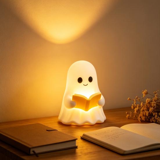 Yousheng Cute Ghost Reading Book Lamp, 3D Halloween Ghost Night Light, Warm Light Up Ghost Statue for Indoor Home Mantel Shelf Table Decor