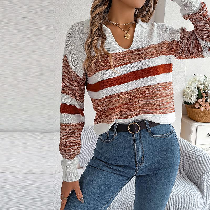 Women Autumn Winter Casual Polo Collar Contrast Stripe Long Sleeve Knit Pullover Sweater