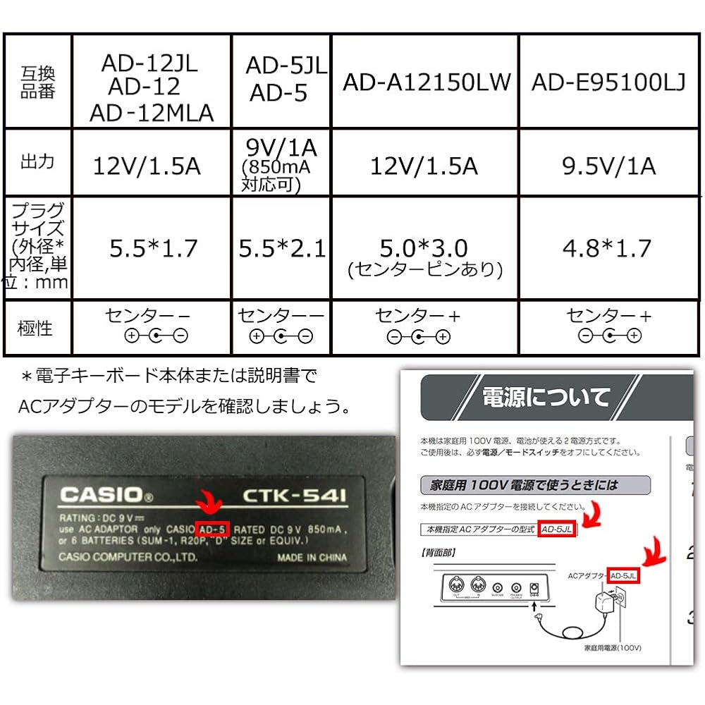 AD-5JL/AD-5 CASIO Adaptador AC de Substituição para Navegação Luminosa para Teclados Digitais PA-1B/CTK-411/CTK...