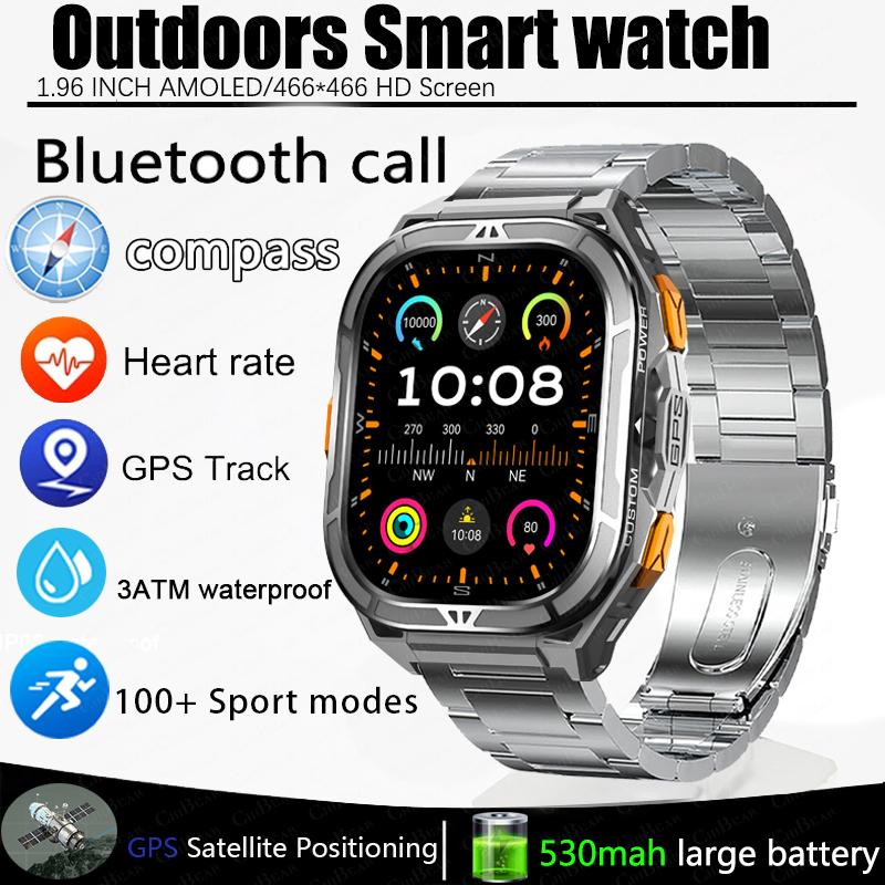 New Sport Smart Watch Men GPS Track 5ATM Waterproof Compass Heart Rate 530mAh Battery 1.96"AMOLED Screen BT Call Smartwatch