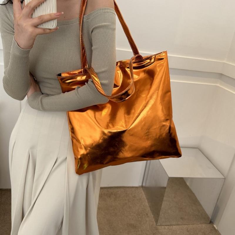 Women Glossy Tote Bag High Capacity PU Leather Fashion Lightweight Handbag for Travel Grocery Shopping Gift