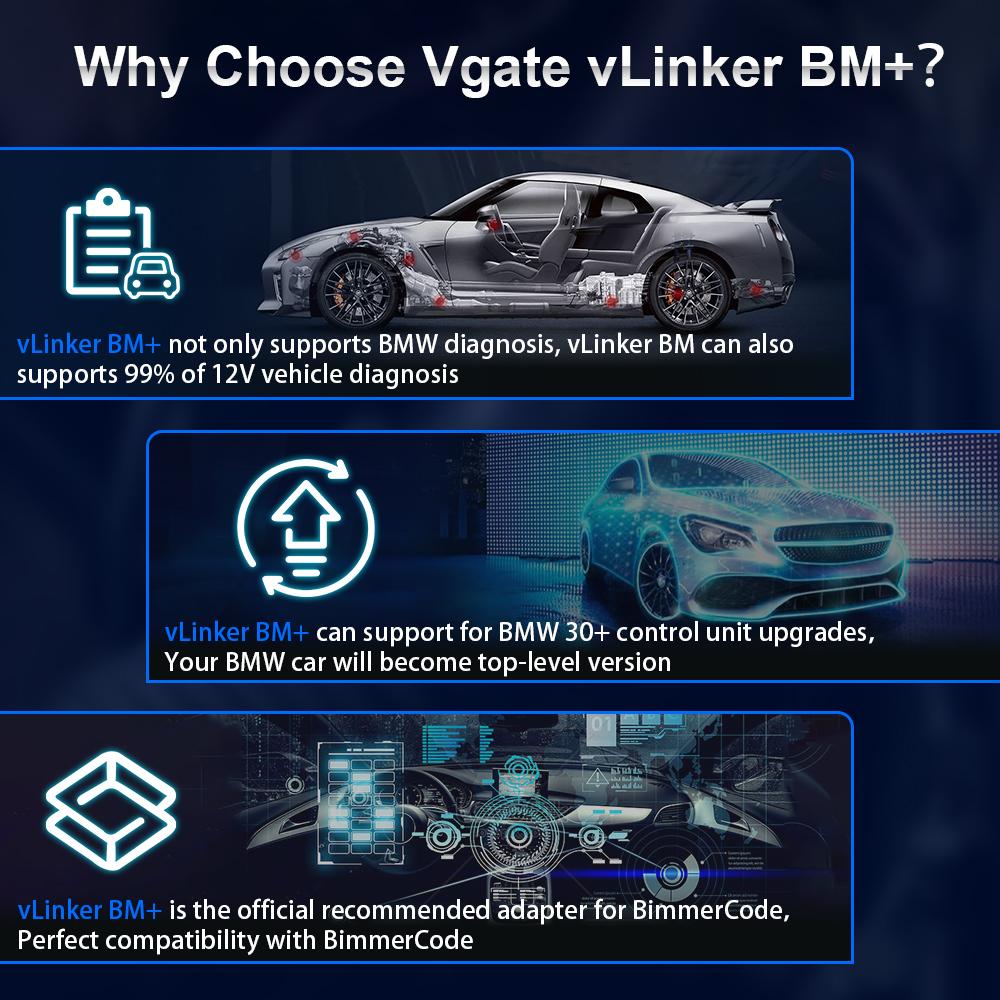 Vgate VLinker BM+ Nástroj pro skenování OBD pro automobily BMW Flashování Skrytý Bimmercode Dedikovaný ELM327 Bluetooth 4.0 Pro Android IOS Nástroj pro skenování a čtení kódů automobilů