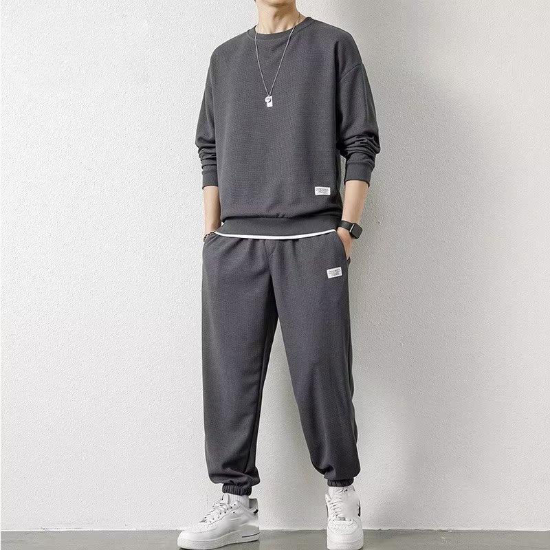 Waffle Sweater Suit Loose Casual Autumn and Winter Round Neck Men's Long-sleeved Trousers Youth Clothes