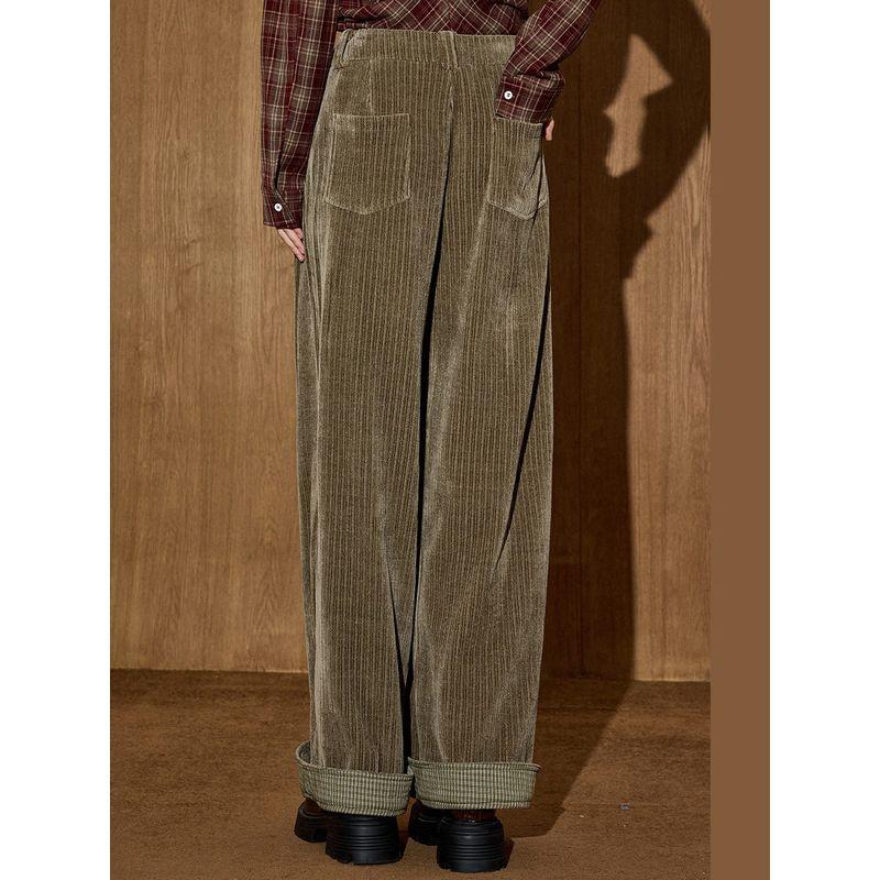 Coolhut Olive Green Corduroy High-Waisted Wide-Leg Cuffed Winter New Warm Thick Casual Pants for Women