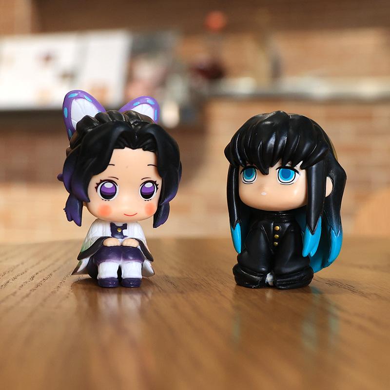 8Pcs/Set Anime Figures Demon Slayer Kimetsu No Yaiba Q Version Sitting Tanjiro Nidouzi Inosuke Zenizu Figurine Model Doll Gift