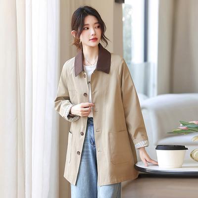 Spring and Autumn New Design Sense Contrasting Color Trench Coat Women's Small Casual Loose Khaki Medium and Long Coat