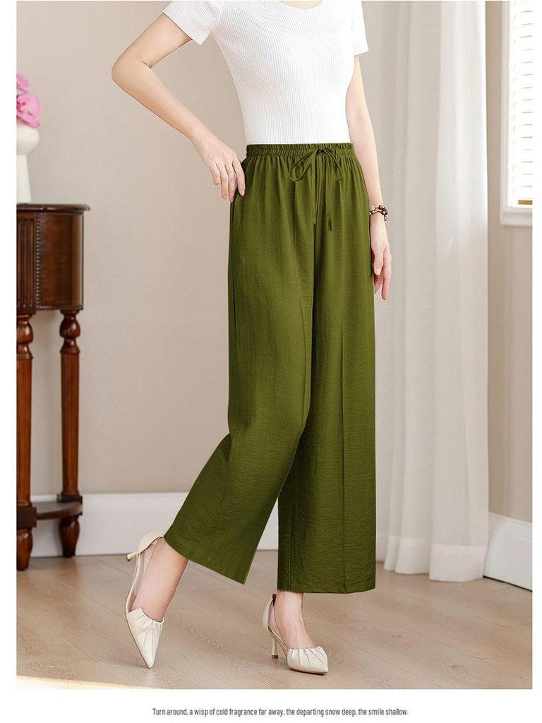 Mom's Summer Ice Silk Wide-Leg Pants: Women's Casual Drawstring Nine-Point Pants