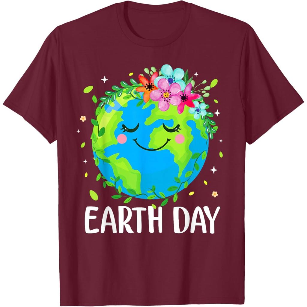 Cute Earth Day Floral Graphic Tee Soft Breathable Casual T-Shirt for Adults